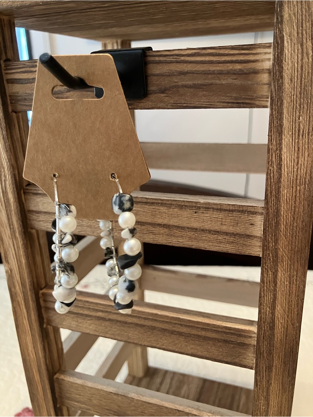 Handcrafted Silver accent hooped Earrings with black stone chips and white bead